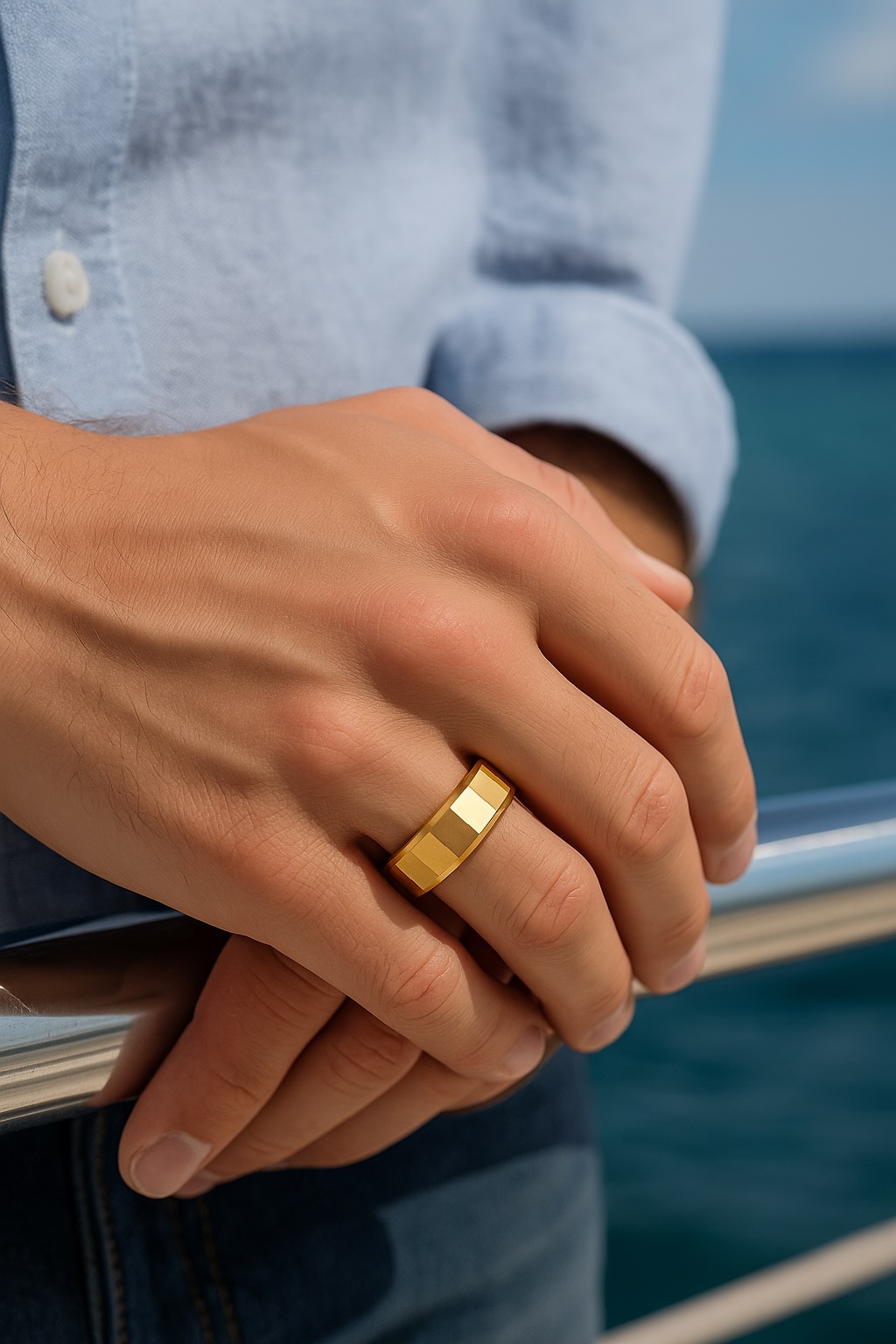 Men's faceted gold-plated tungsten ring with engraving